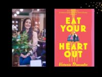 Two panels. On the left is Victoria Brownlee, who is smiling and has long brown hair. On the right is the cover of her book,