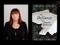 Two panels. On the left is author Wendy Parkins. She has auburn hair and is dressed in black. On the right is the cover of her book, with