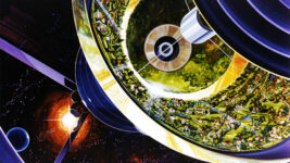 Cutaway view of a fictional space colony concept