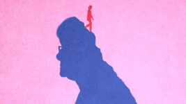 Illustration of woman walking down deteriorating head of senior woman suffering from Alzheimers disease